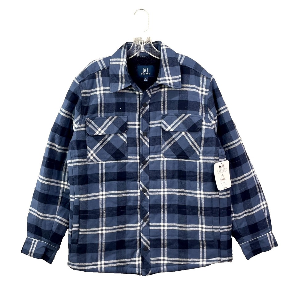 George Flannel Shacket Mens Medium Blue Plaid Fleece Lined Snap Front Outdoor